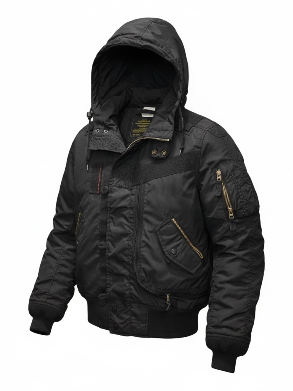 Alpha Industries Black Hooded Bomber Jacket with Gold Zippers
